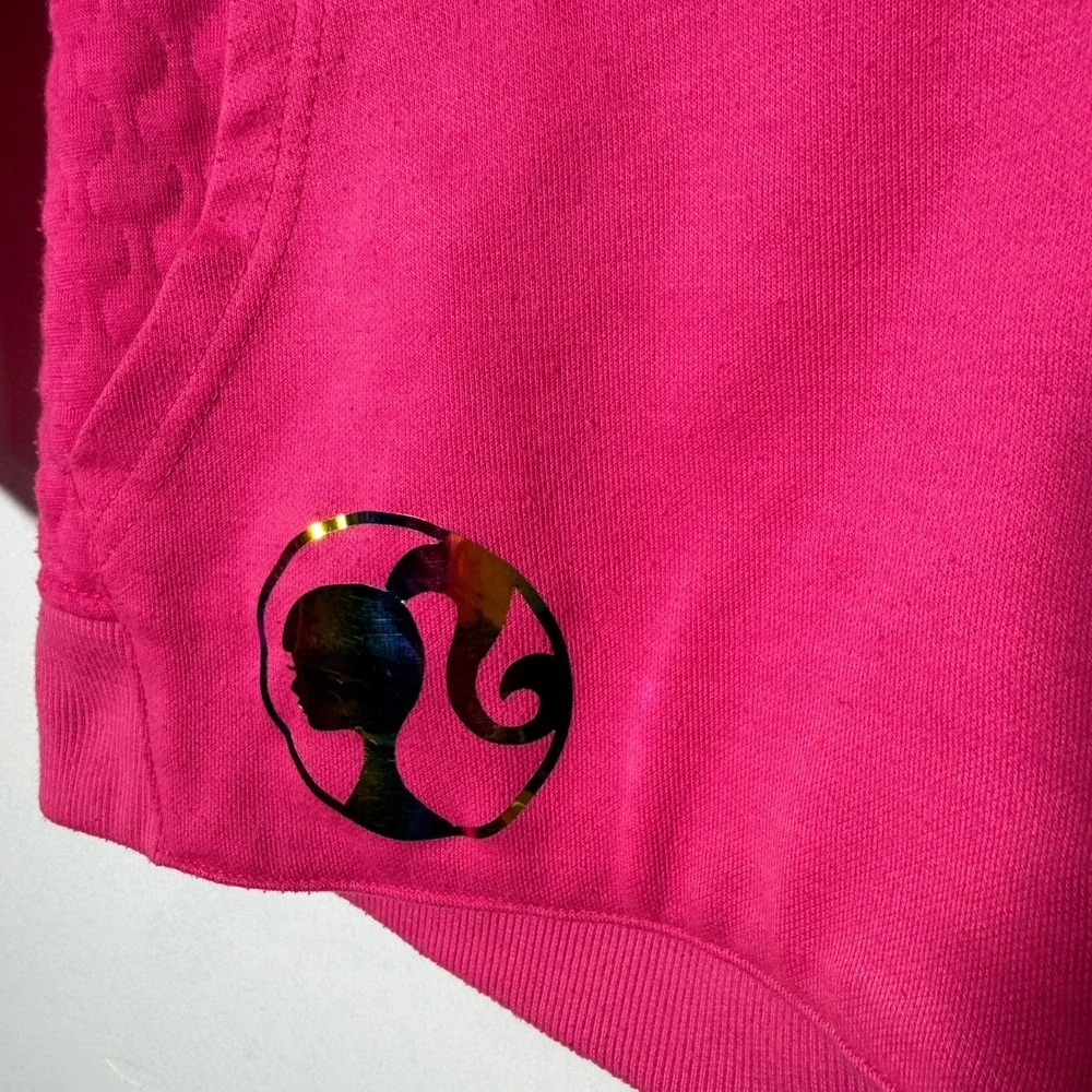 Barbie Pullover Hoodie Girls M 8 Pink Quilted Metallic Logo Sporty Sweatshirt‎